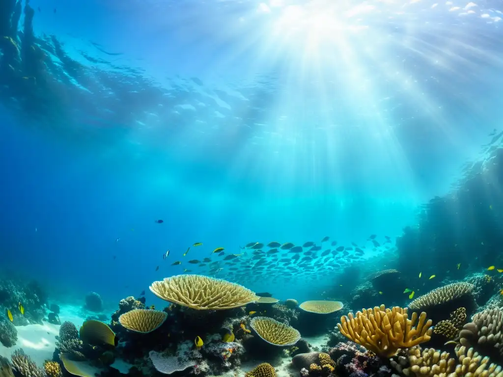 Impacto del plástico en océanos: Fotografía submarina de un vibrante arrecife de coral, repleto de vida marina y aguas cristalinas