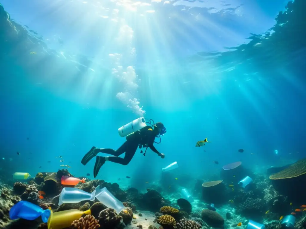 Impacto de productos cotidianos en océanos: Imagen de desolación marina con desechos domésticos entre corales y una tortuga