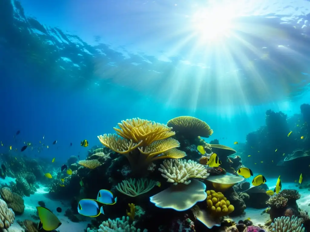 Imponente arrecife de coral con vida marina colorida y accesorios imprescindibles para buceo en un impresionante paisaje submarino