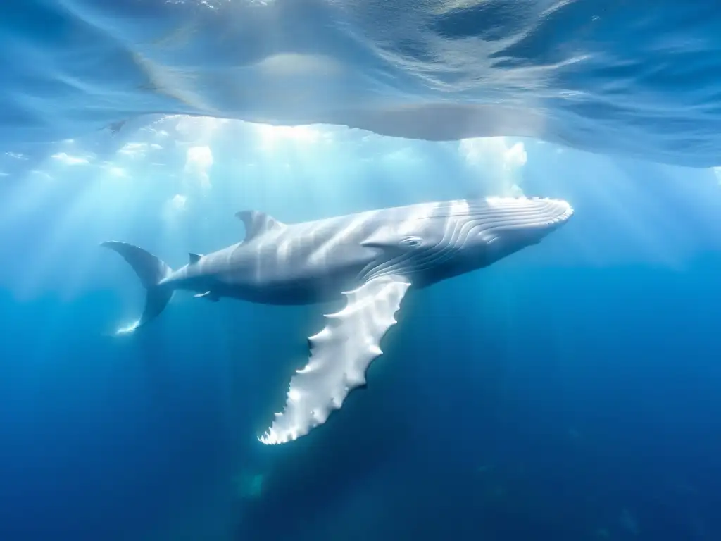 Imponente ballena azul surcando el abismo marino entre especies más grandes, creando un contraste de poder y belleza marina