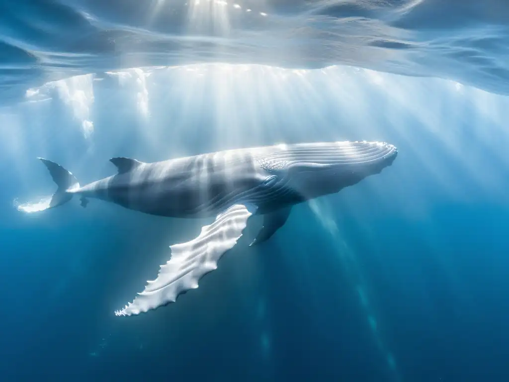 Imponente ballena azul nada en aguas cristalinas, mostrando la majestuosidad de las exposiciones animales marinos más grandes