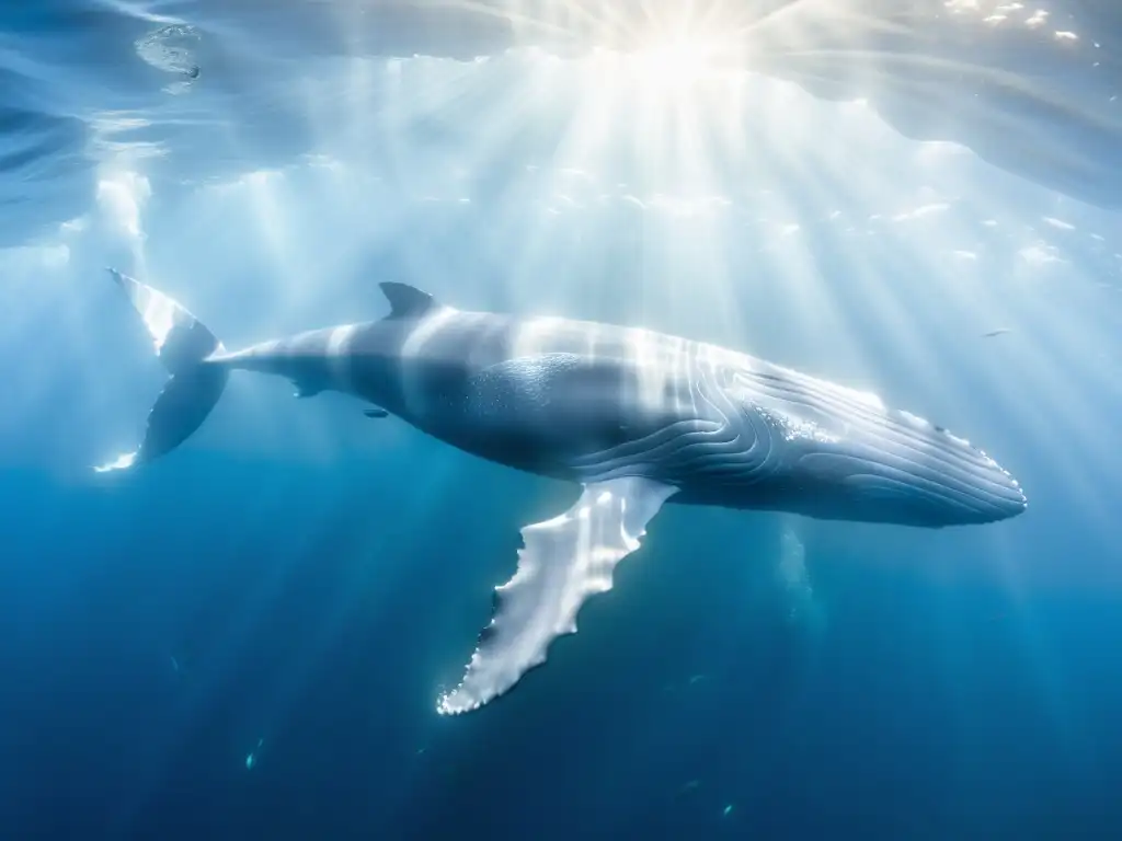 Imponente ballena azul nadando serena en el fondo marino, rodeada de peces plateados