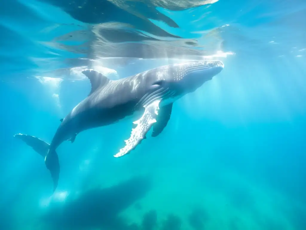 Imponente ballena jorobada nadando en aguas turquesa, rodeada de vida marina, prevención colisiones barcos ballenas IA