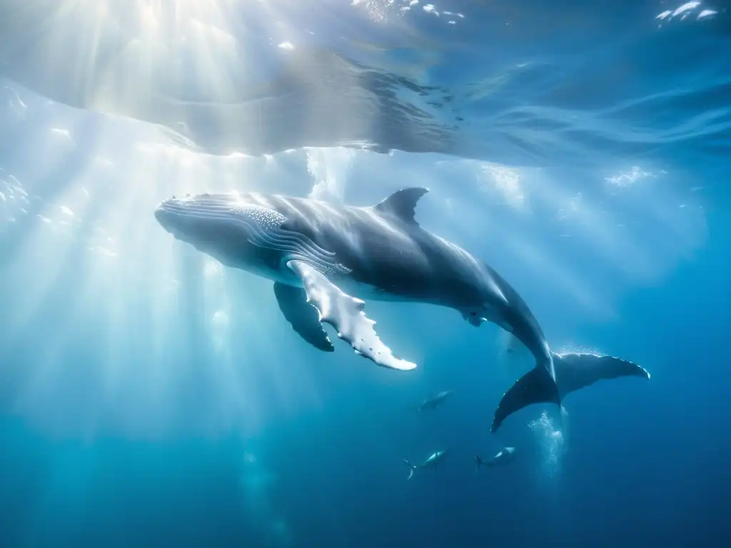 Imponente ballena jorobada surcando aguas cristalinas con un cardumen brillante