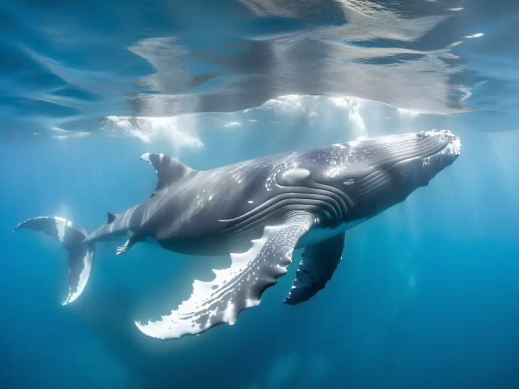 Imponente ballena jorobada surcando el cristalino océano, resaltando la belleza de las migraciones de ballenas en el océano