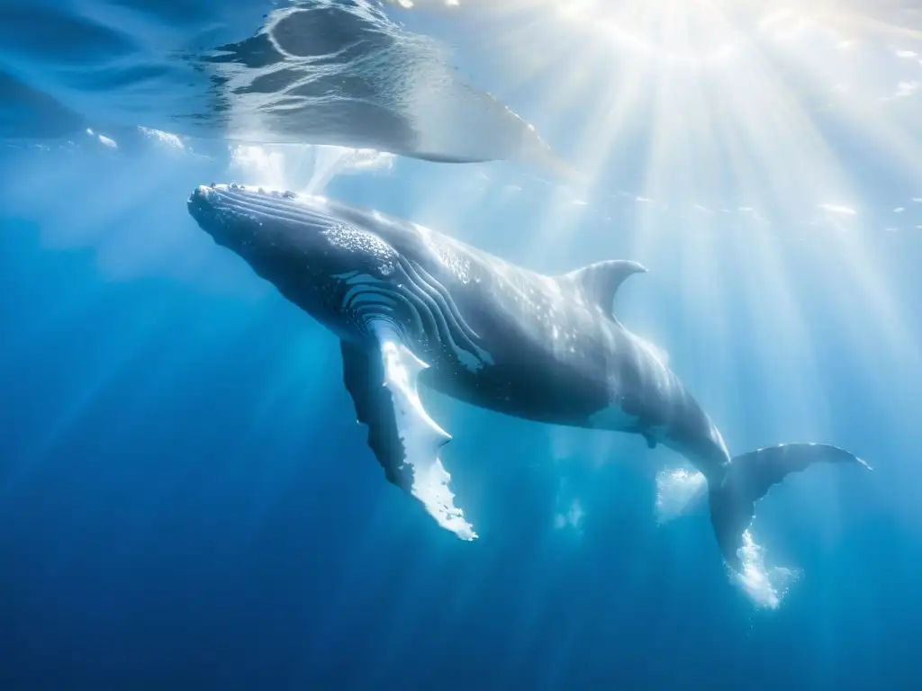 Imponente ballena jorobada nada grácilmente en aguas cristalinas, bajo la luz del sol