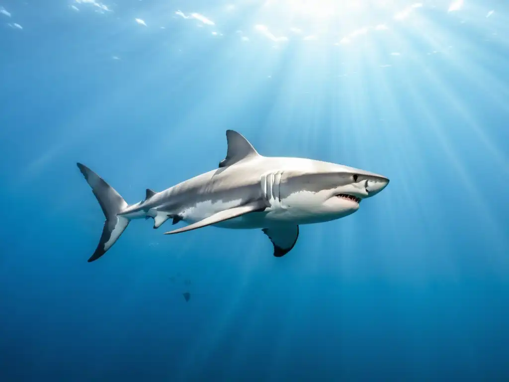 Imponente tiburón blanco en aguas cristalinas Imponente tiburón blanco nadando en aguas azules, destacando patrones migratorios