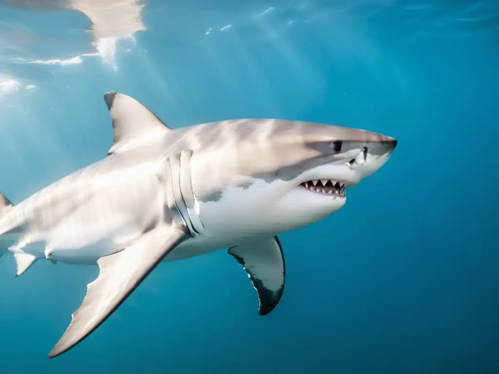 Imponente tiburón blanco surcando las aguas cristalinas del océano, mostrando sus estrategias de supervivencia en su hábitat natural