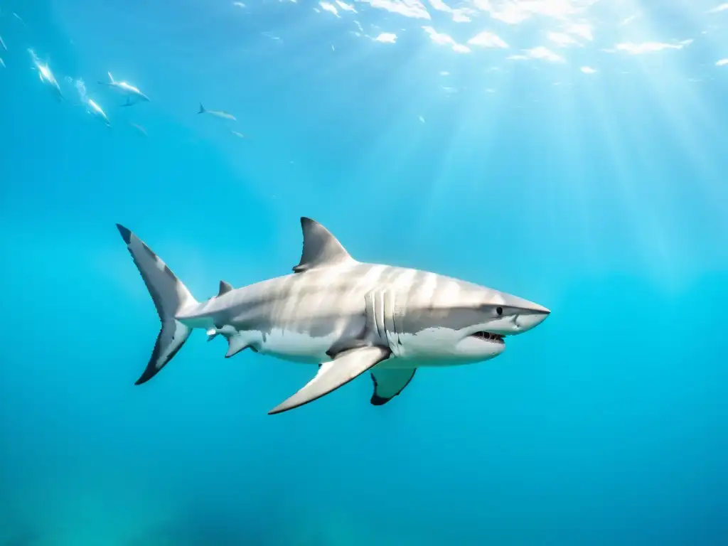 Imponente tiburón blanco nadando entre aguas turquesa, rodeado de peces