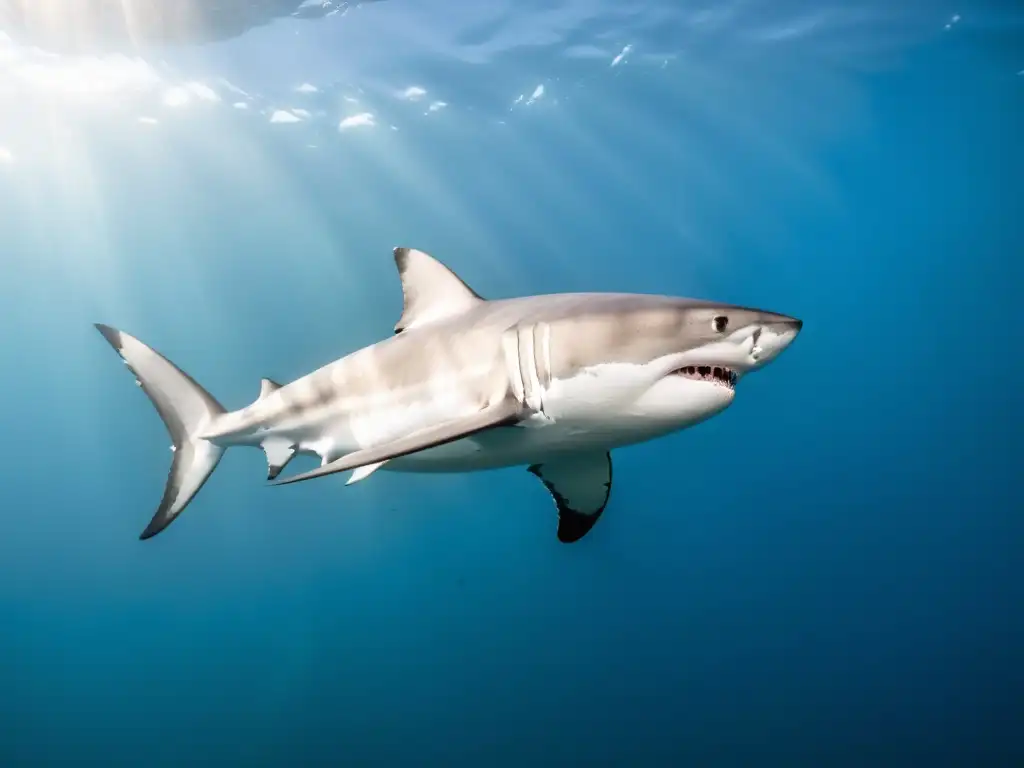 Imponente tiburón blanco surcando el océano, exhibiendo su majestuosa aleta dorsal