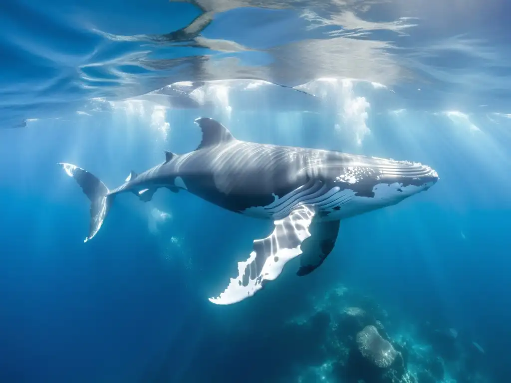 Imponente pod de ballenas jorobadas surcando aguas cristalinas sobre un arrecife de coral vibrante