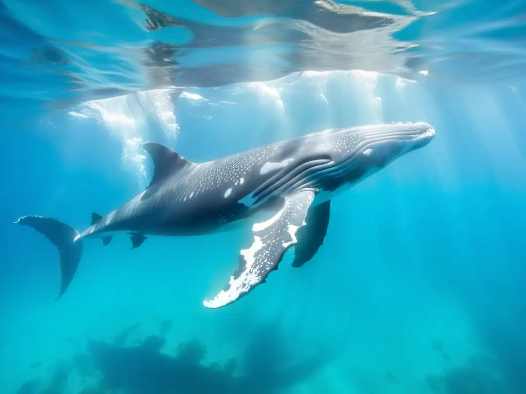 Imponente pod de ballenas jorobadas nadando grácilmente en aguas turquesa, capturando la maravilla del fenómeno migratorio de los cetáceos