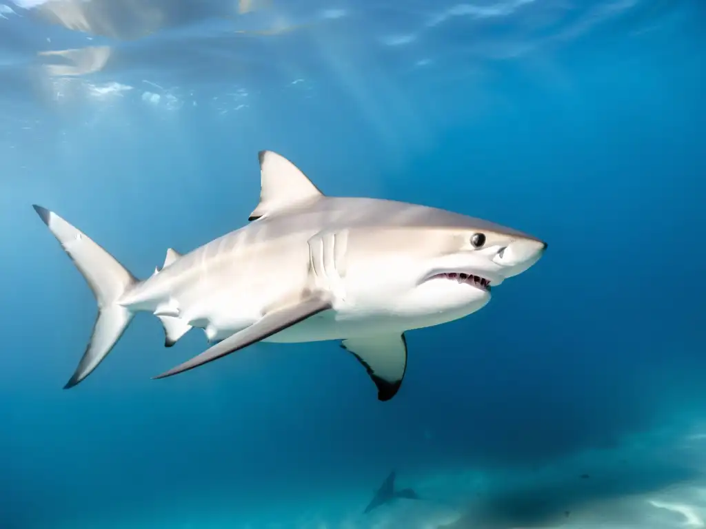 Imponente tiburón toro nadando en aguas cristalinas, mostrando su adaptación en el océano