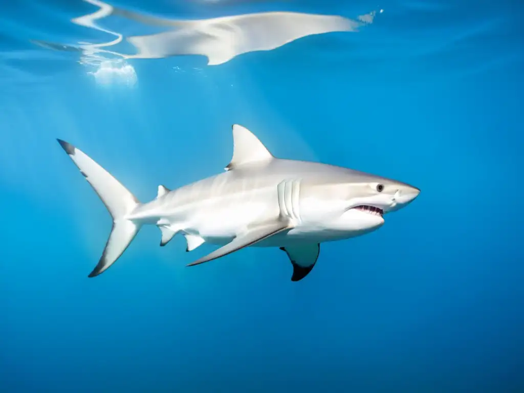 Imponente tiburón toro nadando en aguas cristalinas, evocando respeto y peligro