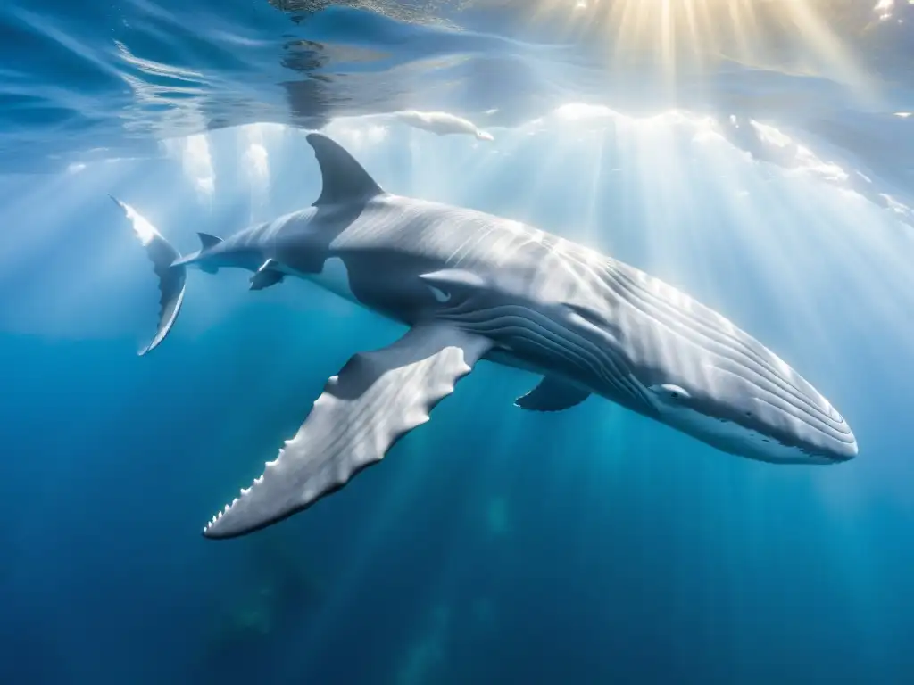 Imponentes ballenas azules nadando en aguas cristalinas, rodeadas de vida marina y bañadas por la luz del sol