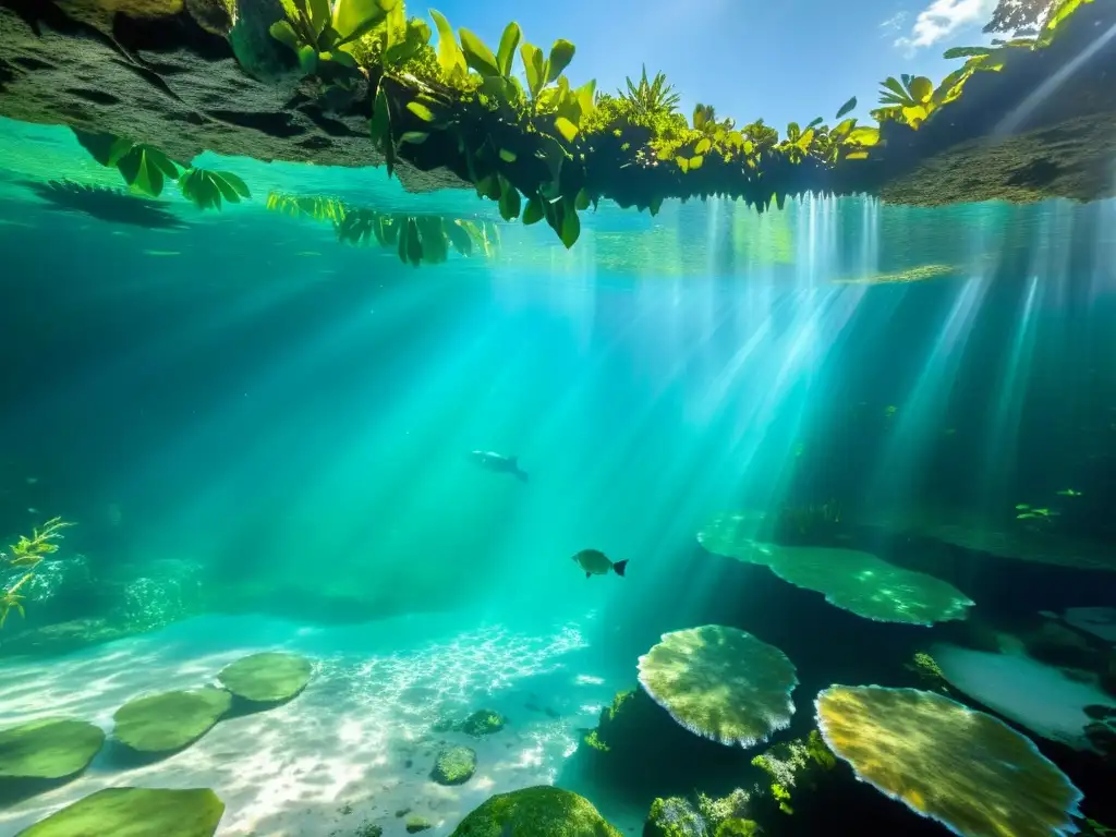 Importancia de los cenotes en ecosistemas: Fotografía subacuática asombrosa de un cenote, con agua turquesa cristalina, vegetación exuberante y formaciones rocosas intrincadas