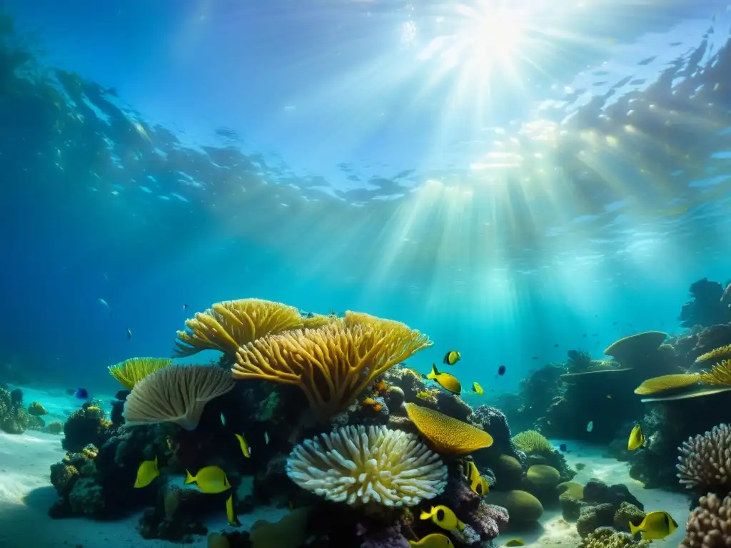 Un impresionante arrecife de coral bajo el agua con peces coloridos y plantas marinas, iluminado por la luz del sol