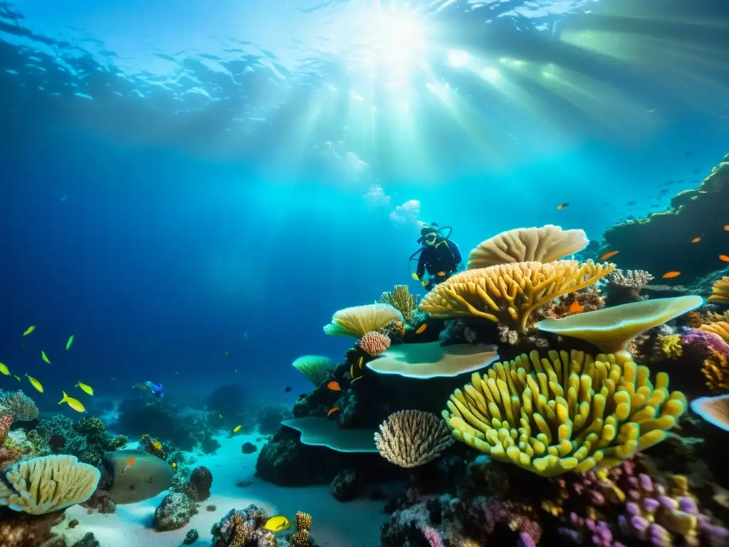 Un impresionante arrecife de coral iluminado por organismos bioluminiscentes, con vida marina diversa