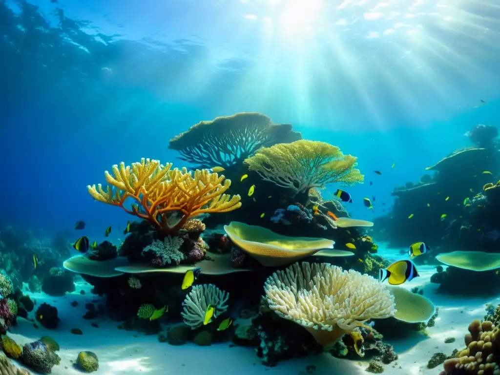 Un impresionante arrecife de coral lleno de vida y color, iluminado por la luz del sol