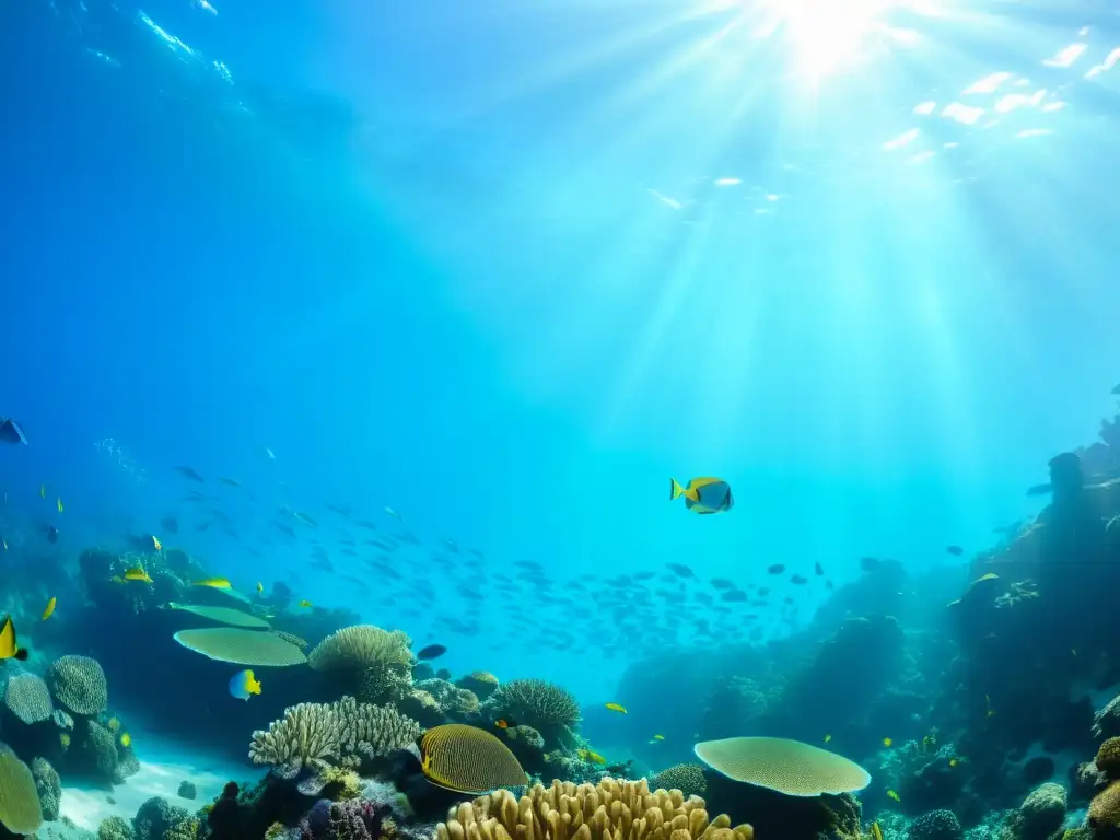 Un impresionante arrecife de coral lleno de vida marina colorida, iluminado por el sol y habitado por peces y tortugas marinas