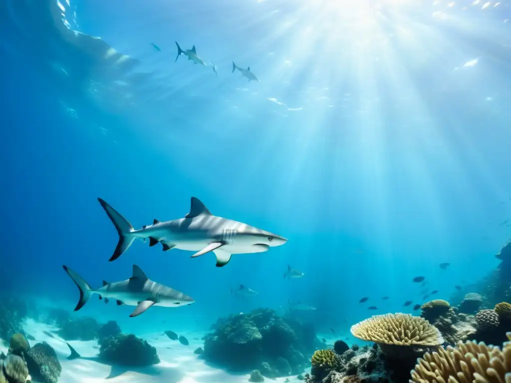 Un impresionante arrecife de coral lleno de vida marina, con elegantes tiburones nadando con gracia