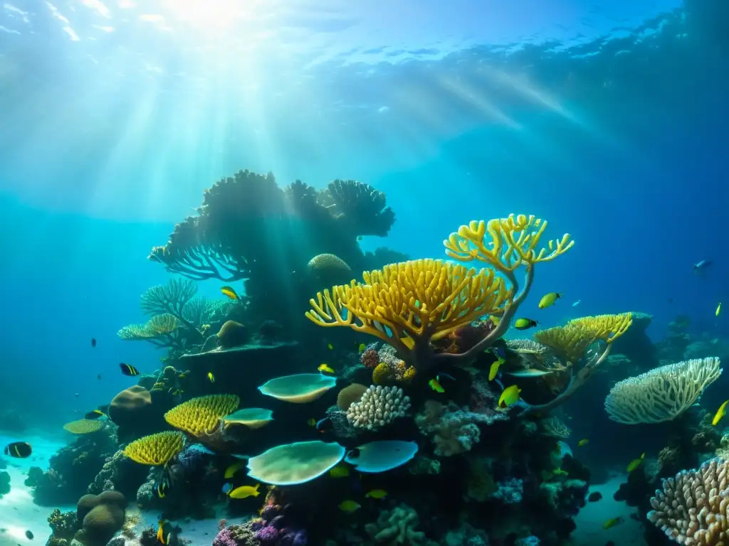 Un impresionante arrecife de coral lleno de vida marina en destinos con certificación ecológica, capturando la belleza natural del ecosistema marino