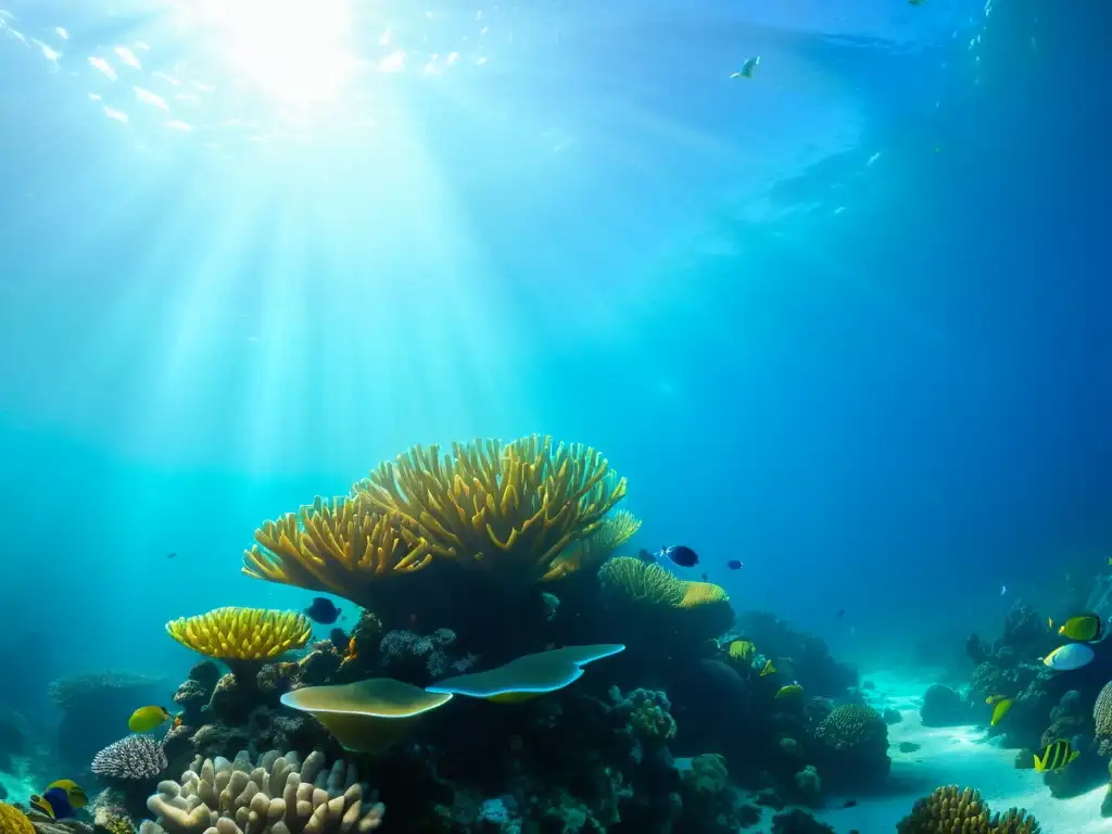 Un impresionante arrecife de coral lleno de vida marina, iluminado por rayos de sol