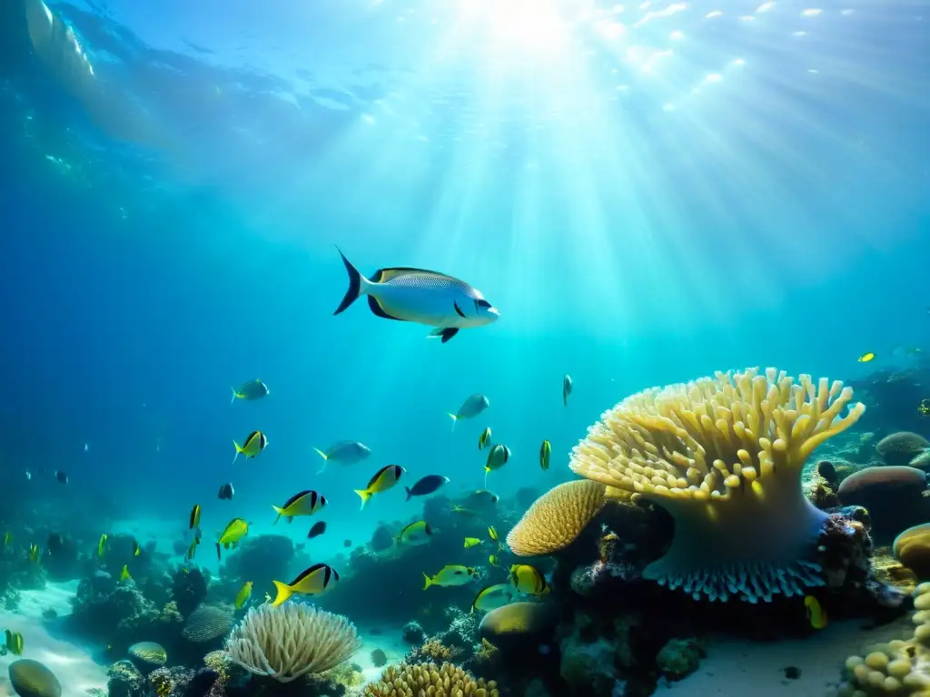 Un impresionante arrecife de coral con peces coloridos y anémonas marinas, capturando la belleza de los acuarios marinos excepcionales