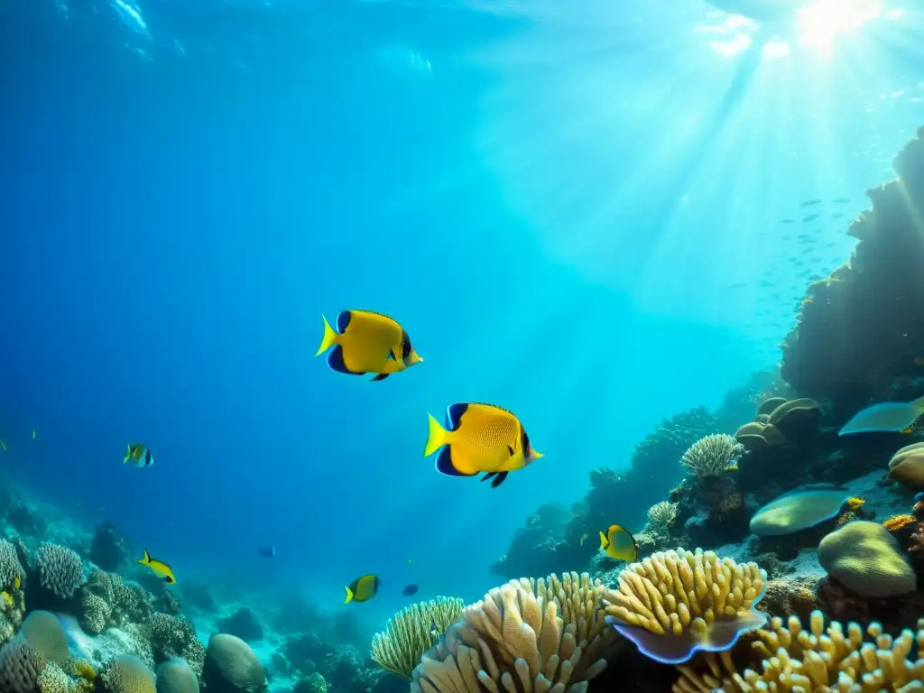 Un impresionante arrecife de coral con peces tropicales de colores vibrantes bajo el agua, capturando la belleza y diversidad de la vida marina