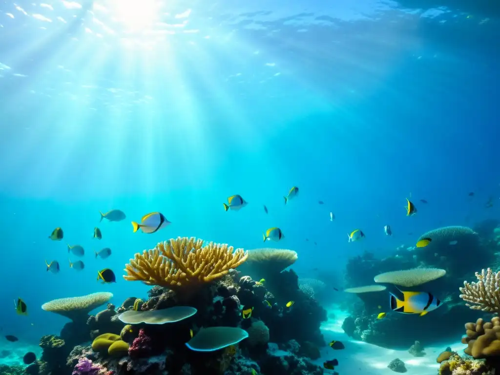 Un impresionante arrecife de coral con peces de colores nadando entre las formaciones de coral, iluminado por los rayos de sol