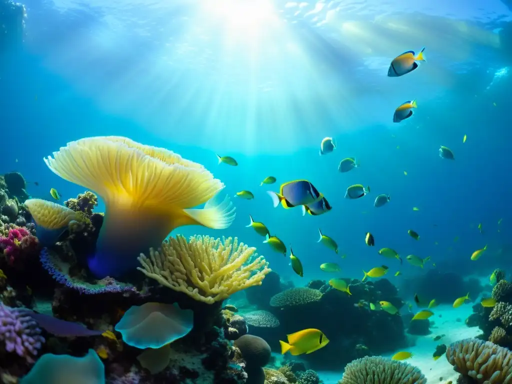 Un impresionante arrecife de coral repleto de vida marina, con peces coloridos y medusas iridiscentes