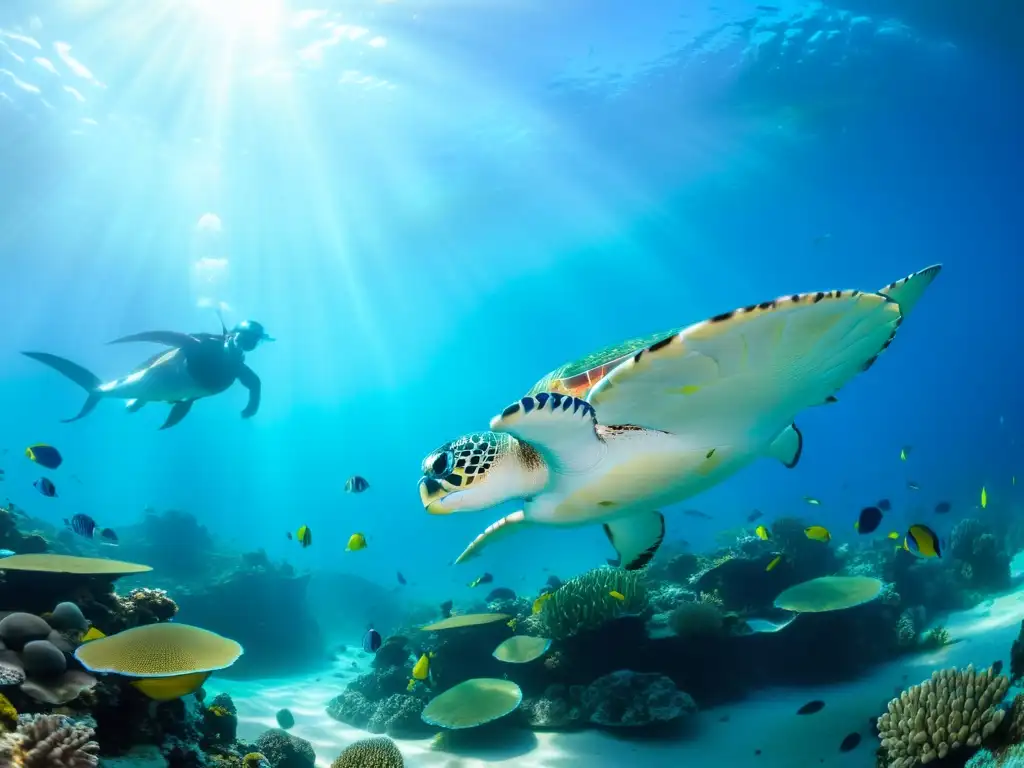 Un impresionante arrecife de coral repleto de vida marina, con peces tropicales, tortugas y mantarrayas