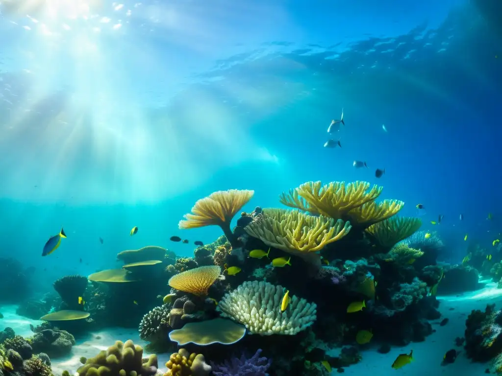 Un impresionante arrecife de coral repleto de vida marina colorida bajo el agua, transformando belleza submarina en moda