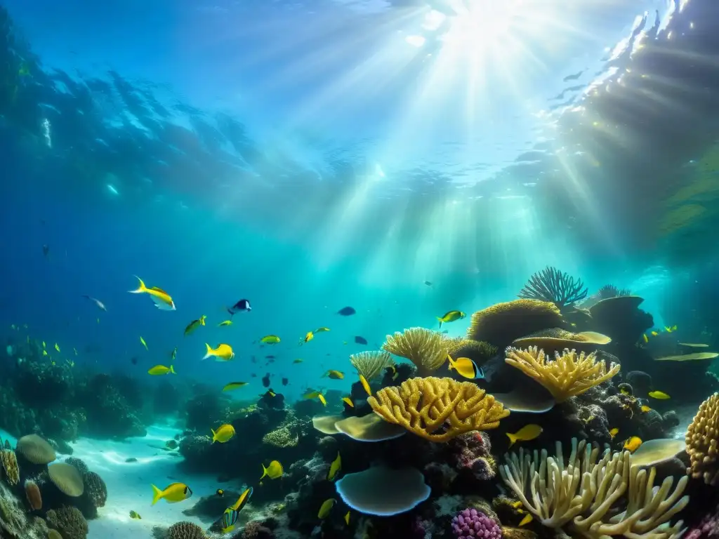 Un impresionante arrecife de coral submarino, repleto de peces coloridos y algas ondeantes