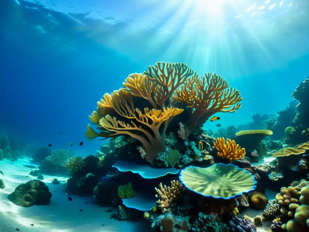 Un impresionante arrecife de coral submarino con efectos de sombras, una mezcla de colores vibrantes en un cautivador espectáculo de belleza submarina