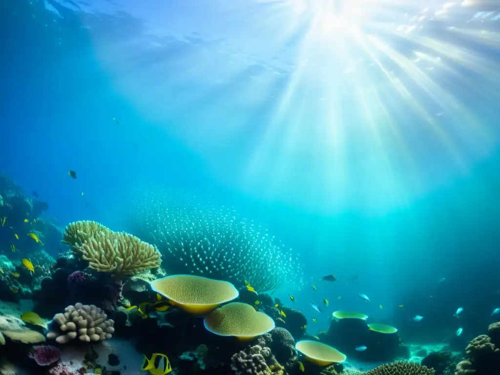 Un impresionante arrecife de coral submarino rebosante de vida y coloridos peces, con la luz solar filtrándose a través del agua