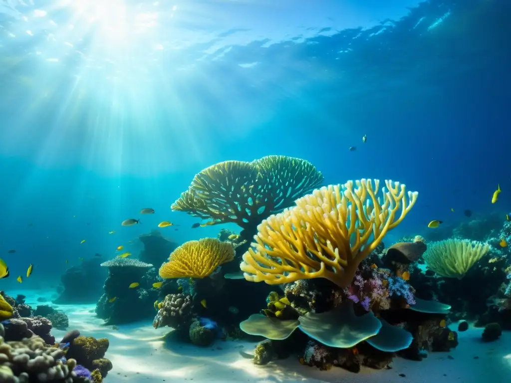 Un impresionante arrecife de coral submarino iluminado por el sol, con vida marina colorida y plantas marinas