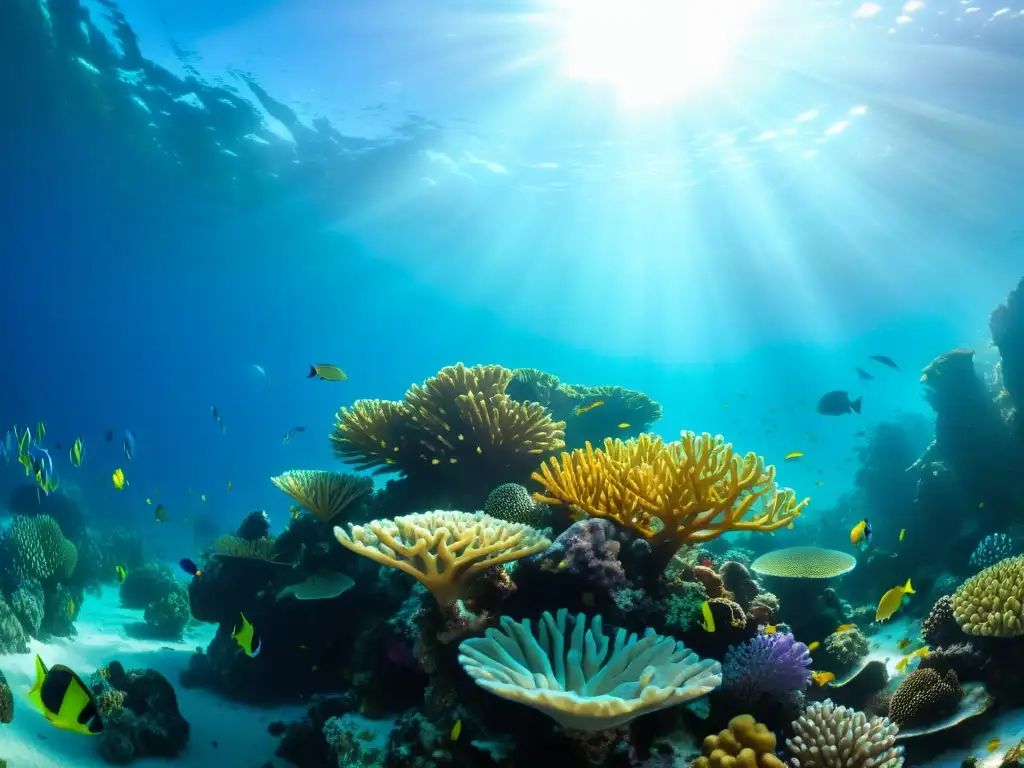 Un impresionante arrecife de coral submarino, repleto de vida marina y energizado por la luz del sol a través del agua cristalina