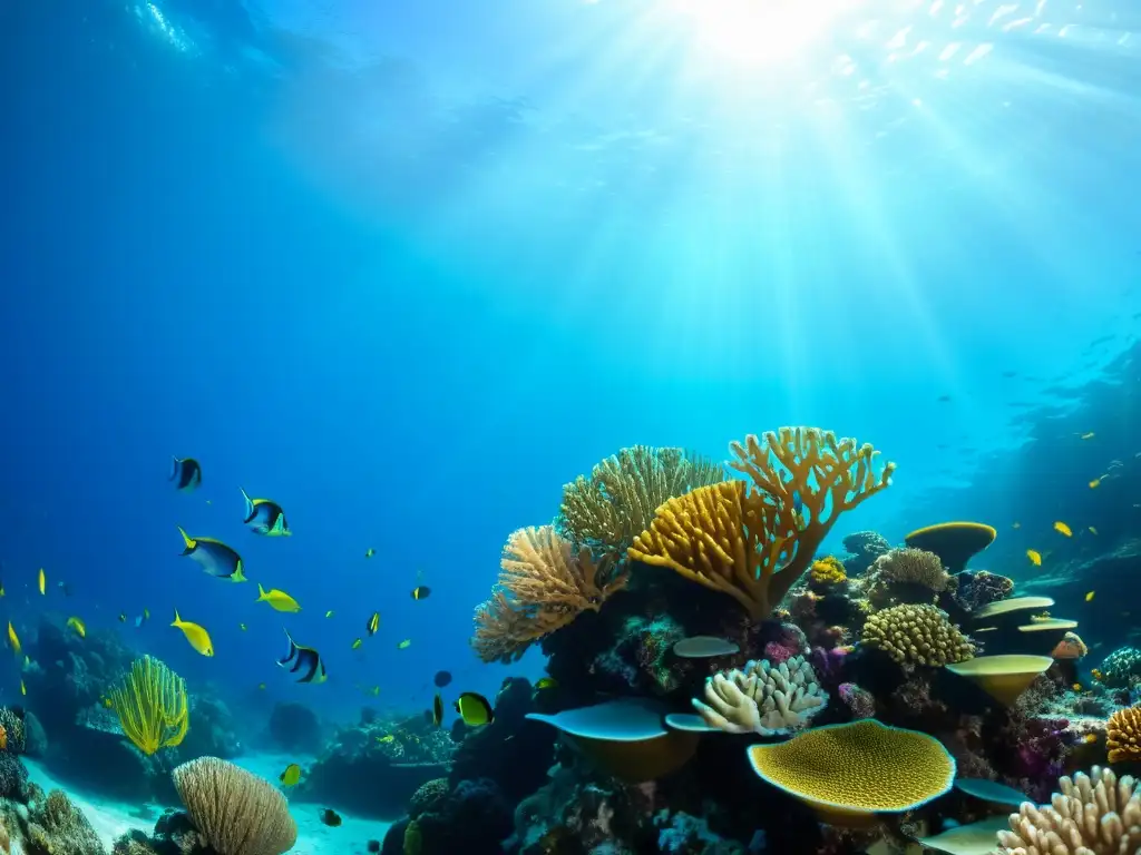 Una impresionante cartografía de la biodiversidad marina: un arrecife de coral vibrante lleno de vida marina diversa, con peces coloridos, plantas marinas ondulantes y formaciones de coral, en un fondo oceánico azul cristalino