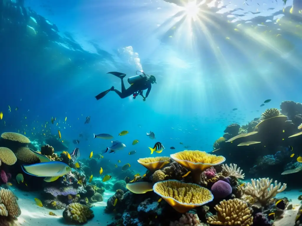 Un impresionante arrecife de coral con vida marina vibrante bajo el agua, mostrando la belleza natural de la suplementación para el mar nutrientes