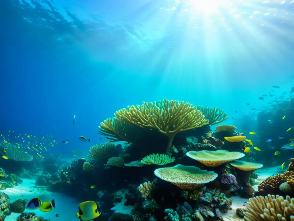 Un impresionante arrecife de coral con vida marina vibrante bajo el mar