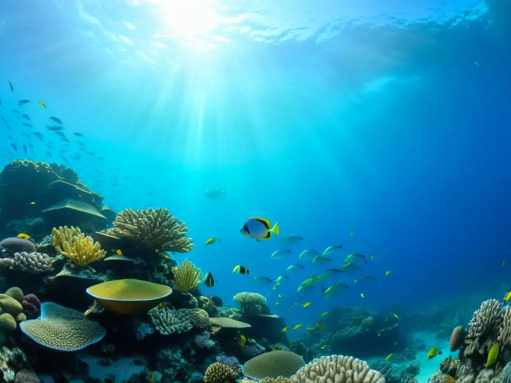 Un impresionante arrecife de coral con vida marina vibrante y una visibilidad espectacular