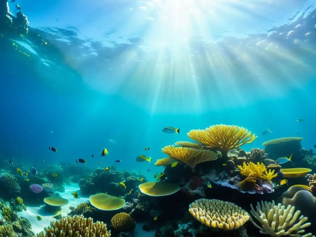 Un impresionante arrecife de coral con vida marina vibrante, plantas marinas y luz solar