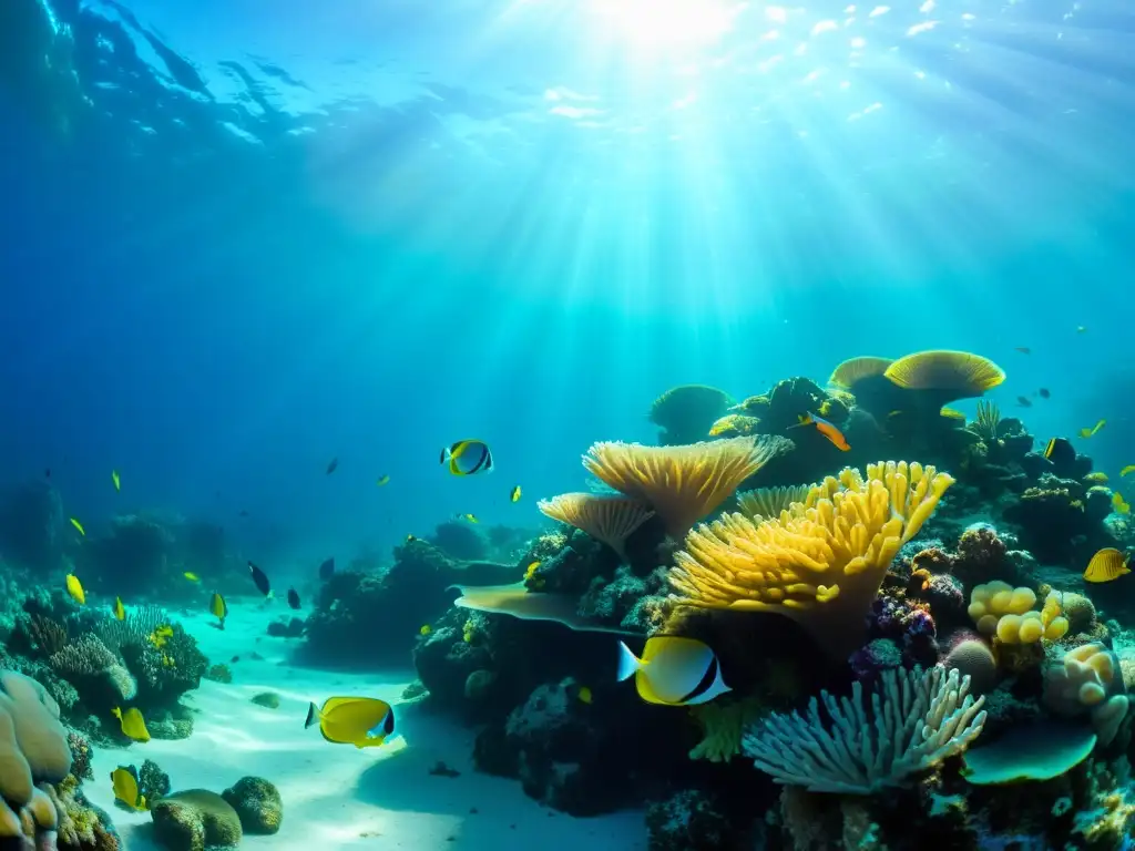 Un impresionante arrecife de coral rebosante de vida marina colorida, iluminado por los rayos del sol