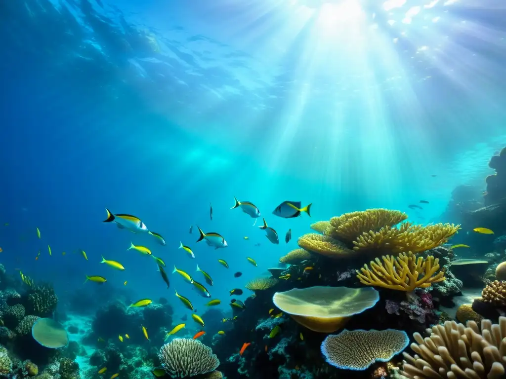 Un impresionante arrecife de coral rebosante de vida marina en aguas cristalinas