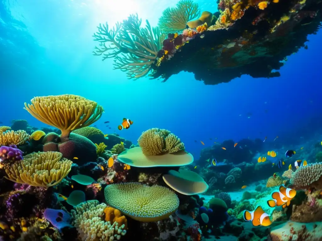 Un impresionante arrecife de coral rebosante de vida submarina, capturando la belleza de la simbiosis en imágenes submarinas