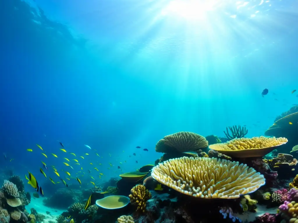 Un impresionante arrecife de coral rebosante de vida marina, con aguas cristalinas y rayos de sol iluminando el escenario desde arriba