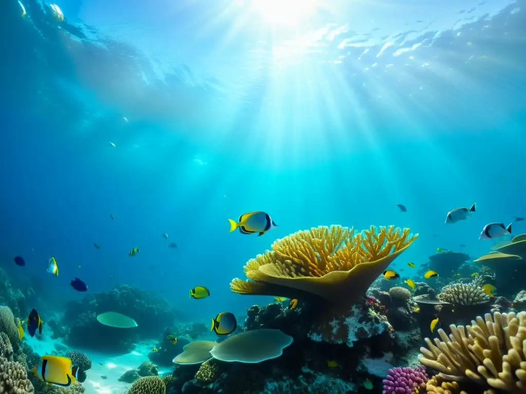 Un impresionante arrecife de coral rebosante de vida marina, con peces coloridos y corales detallados