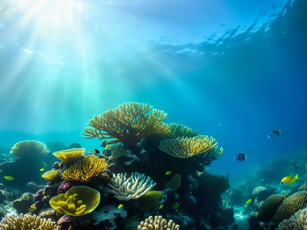 Un impresionante arrecife de coral rebosante de vida marina, iluminado por el sol y perfecto para documentales submarinos educativos