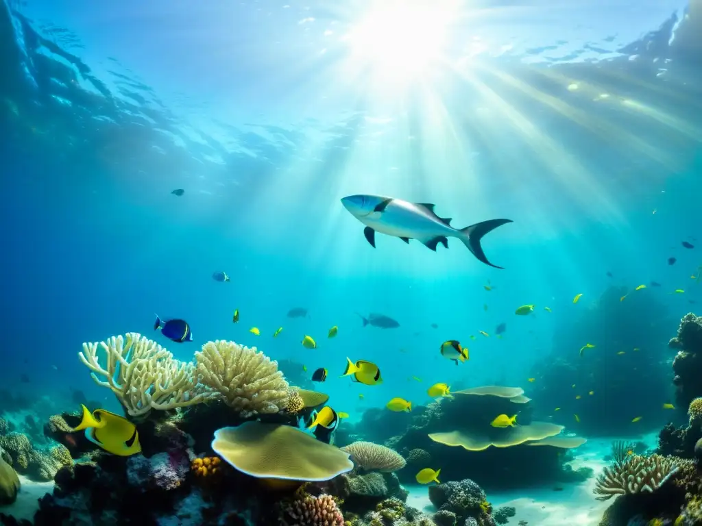 Un impresionante arrecife de coral rebosante de vida marina colorida, evocando la belleza y serenidad del mundo submarino